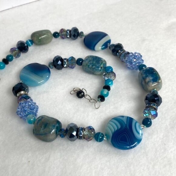 Sterling Silver 925 Blue Dyed Banded Agate & Chrysocolla Quartz Beaded Necklace - Picture 2 of 16